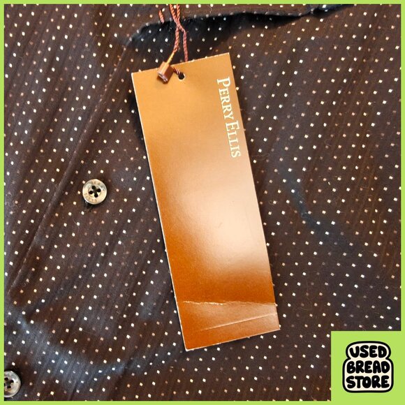 NWT Perry Ellis Medium Black Button Up Mens Shirt White Dotted Stripes - Picture 6 of 6